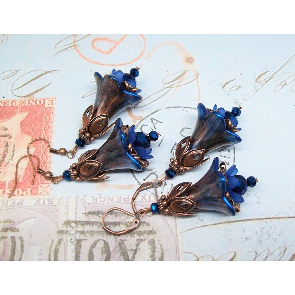Vintage Style Art Nouveau Earrings, Blue Floral, Antique Bronze, Artisan Crafted